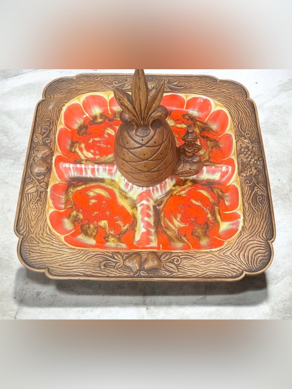Mid-century Treasure Craft tiki-style ceramic chip, dip platter with pineapple